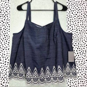 Eloquii Boho Blue Chambray Top w/ Scalloped Hem